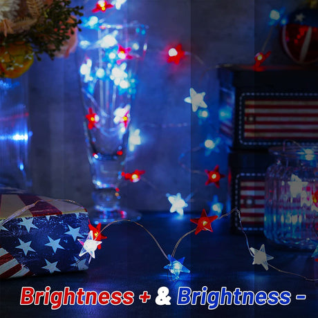 4th of July Decorations Red White and Blue String Lights Battery Operated 16FT 50 LED Patriotic Fairy Lights with Timer & Remote for Independence Day Memorial Day Fourth of July Decor for Home Ineximun