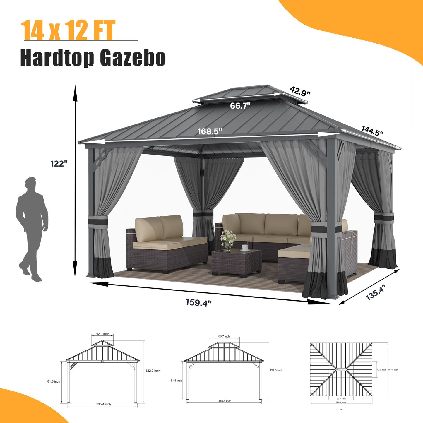 ALAULM 12'x14' Hardtop Gazebo, Outdoor Double Roof Canopy with Netting and Curtains, Galvanized Metal Frame, Sunshade for Patio, Backyard, Deck and Lawns-Gray