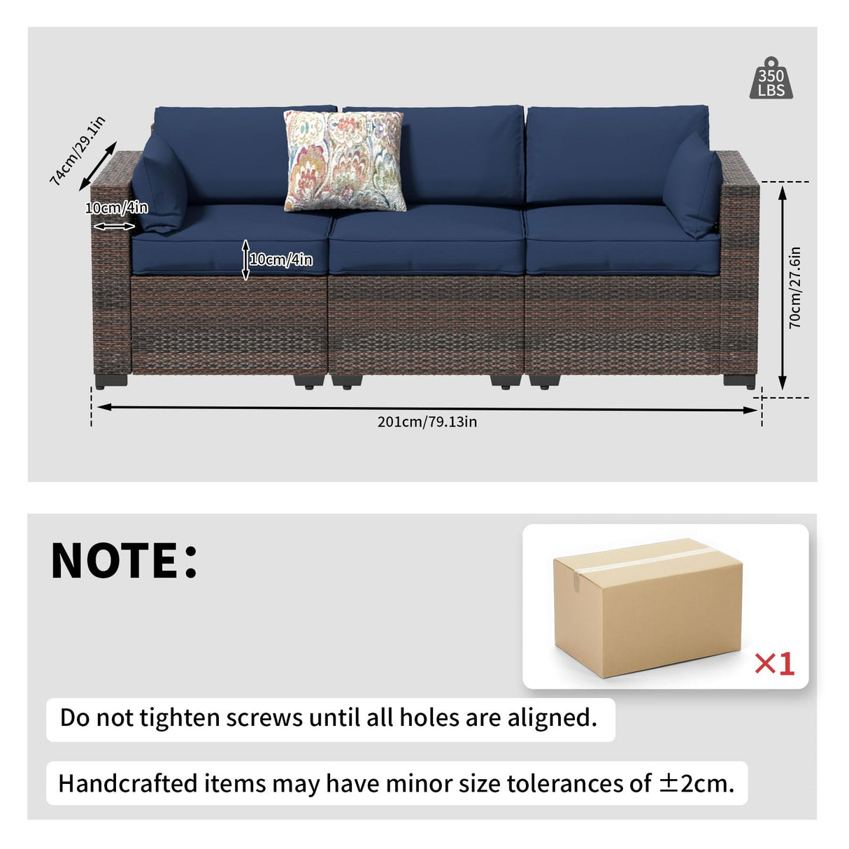 YLGJ&TIDY 3-Piece PE Rattan Patio Furniture Set - Waterproof Outdoor Sectional Sofa w/Thick Cushions - All-Weather Wicker Conversation Set for Backyard, Pool, Deck (Navy Blue) YLGJ&TIDY