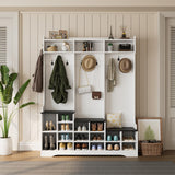 77" Hall Tree with Shoe Storage and Coat Rack, Farmhouse Entryway Bench, 16 Shoe Cubbies & 10 Coat Hooks, 15.8"D x 59"W x 77"H, Freestanding Entrance Storage Cabinet for Entryway Hallway, White Yeyawomy
