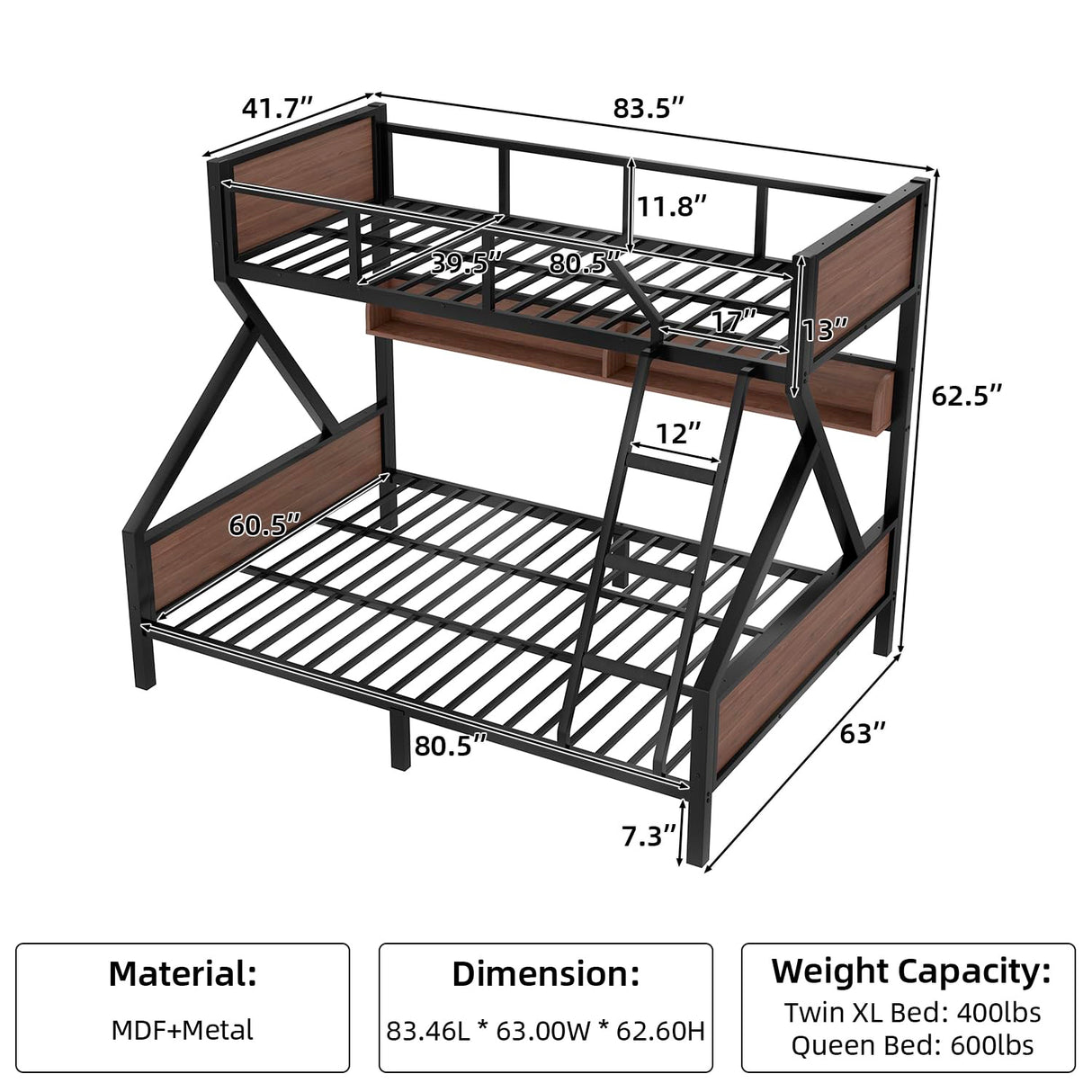 Tassullo Bunk Bed Twin XL Over Queen, Heavy Duty Metal Frame Loft Bed with Storage Shelf & LED Lights, Safety Guardrail and Angle Padded Ladder for Kids, Adults, Space Saving, Noise Free Tassullo