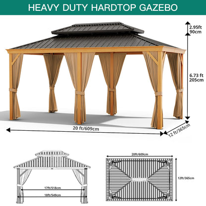 GAOMON 12x20ft Gazebo, Hardtop Outdoor Metal Roof Sun Shade Tent with Netting and Curtains, Permanent Wood Grain Galvanized Iron Aluminum Frame Garden Canopy for Patio, Backyard, Deck, Lawns