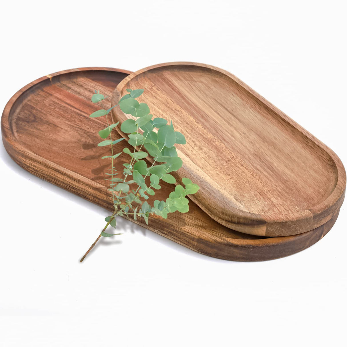 Elsjoy Set of 2 Acacia Wooden Serving Trays, Natural Wood Serving Platters Set with Lip, Oval Charcuterie Plates Board Rustic Long Bread Fruit Dishes for Kitchen Decor, 14"x7" and 11"x5.5" Elsjoy