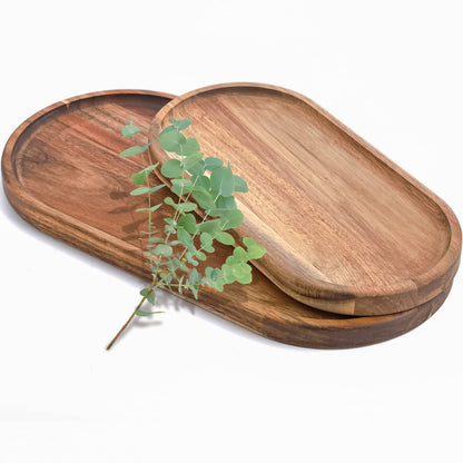 Elsjoy Set of 2 Acacia Wooden Serving Trays, Natural Wood Serving Platters Set with Lip, Oval Charcuterie Plates Board Rustic Long Bread Fruit Dishes for Kitchen Decor, 14"x7" and 11"x5.5" - WoodArtSupply