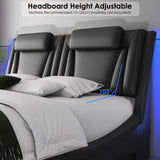 Keyluv Black Upholstered Queen Bed Frame with Adjustable LED Headboard and Wave Design Keyluv