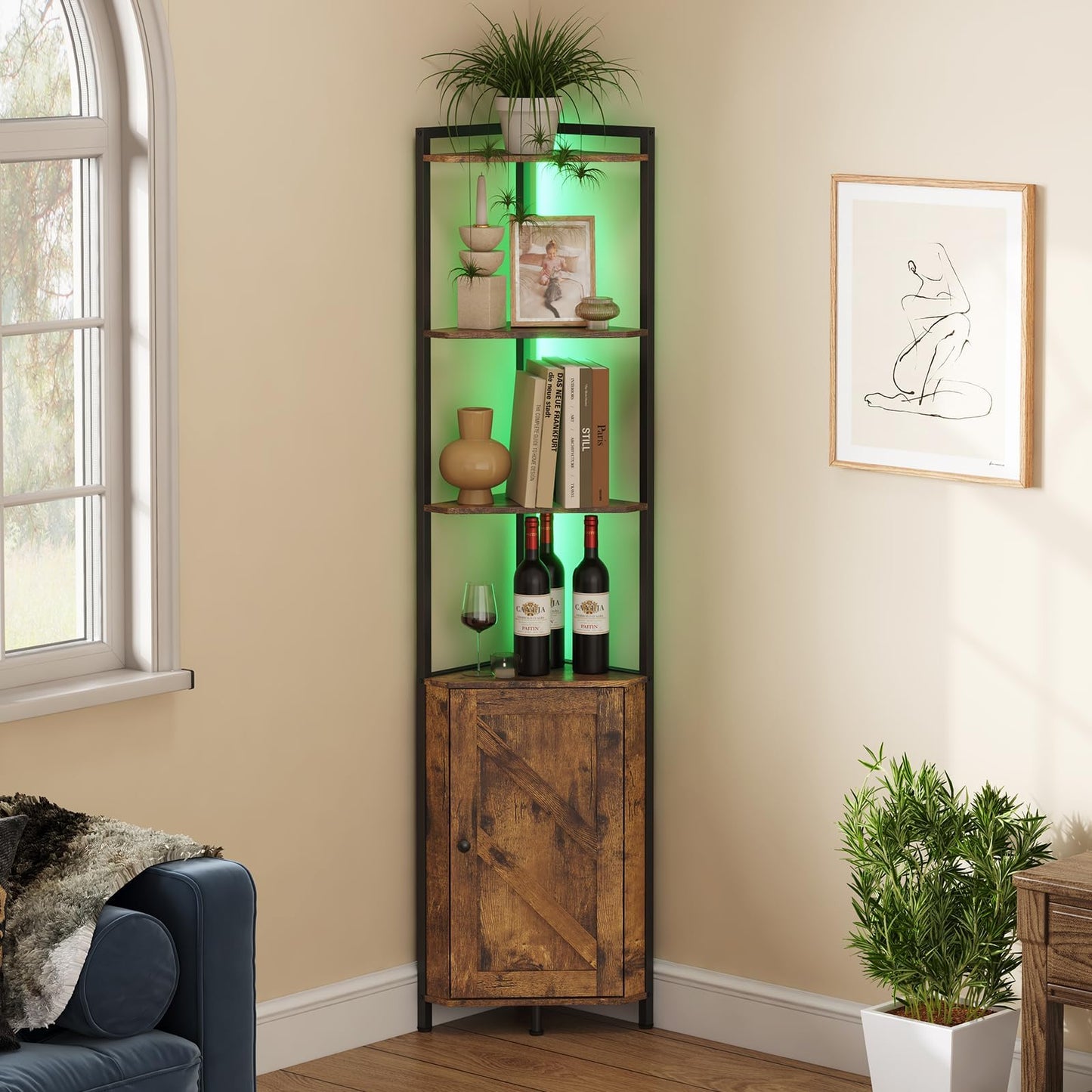 Lifewit 5-Tier LED Corner Shelf - 68" Rustic Brown Storage Cabinet with Doors for Small Spaces - WoodArtSupply