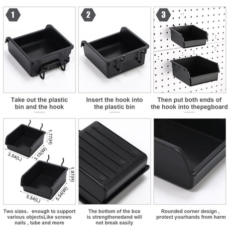 12 Pieces Pegboard Bins Kit 3.5'' 5.5'' Plastic Peg Board Storage Bins with Hooks Pegboard Accessories Workbench Bins Fits Any Peg Board for Organizing Hardware, Garage, Craft Room, Tool Shed Roowest