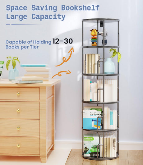 5 Tier Rotating Bookshelf Tower Round Black,62”Tall Standing Spinning Bookshelf Tower Anti-Tipping Design,Metal & Wood Revolving Bookcase Stackable Space Saving for Small Spaces,Study,Living Room Amzeth