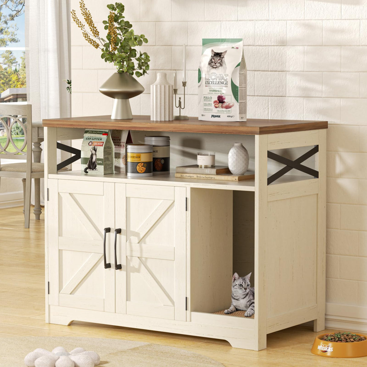 Halitaa Cat Litter Box Enclosure,Hidden Litter Box Furniture Cat Washroom with Cat Scratch Pad,Farmhouse Indoor Cat House End Table,White Halitaa