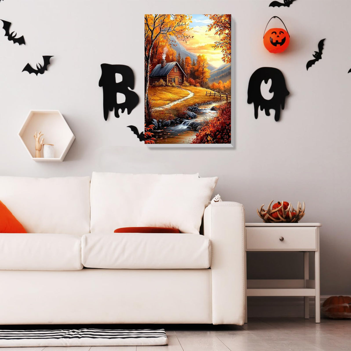 Bowetile Fall Framed Paint by Numbers for Adults, Adults' Paint-by-Number Landscape Kits on Canvas, Easy Acrylic Number Painting Crafts Kits Halloween Gifts for Home Decor, 8x12in Bowetile