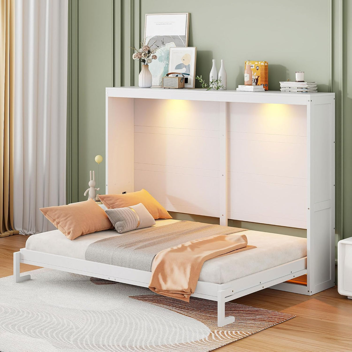 Virubi Queen Horizontal Fluted Murphy Bed with LED Lights,Wood Folding Hideaway Murphy Chest Bed for Adult Guest Room Living Room Bedroom (White) Virubi