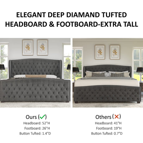 AMERLIFE King Size Platform Bed Frame, Velvet Upholstered Bed with Deep Button Tufted & Nailhead Trim Wingback Headboard/No Box Spring Needed/Grey AMERLIFE