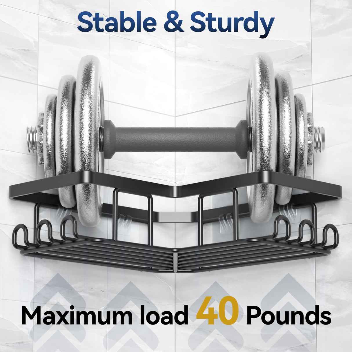 YASONIC Corner Adhesive Shower Caddy, with Soap Holder and 12 Hooks, Rustproof Stainless Steel Bathroom Organizer, No Drilling Wall Mounted Rack, Black, 3-Pack YASONIC