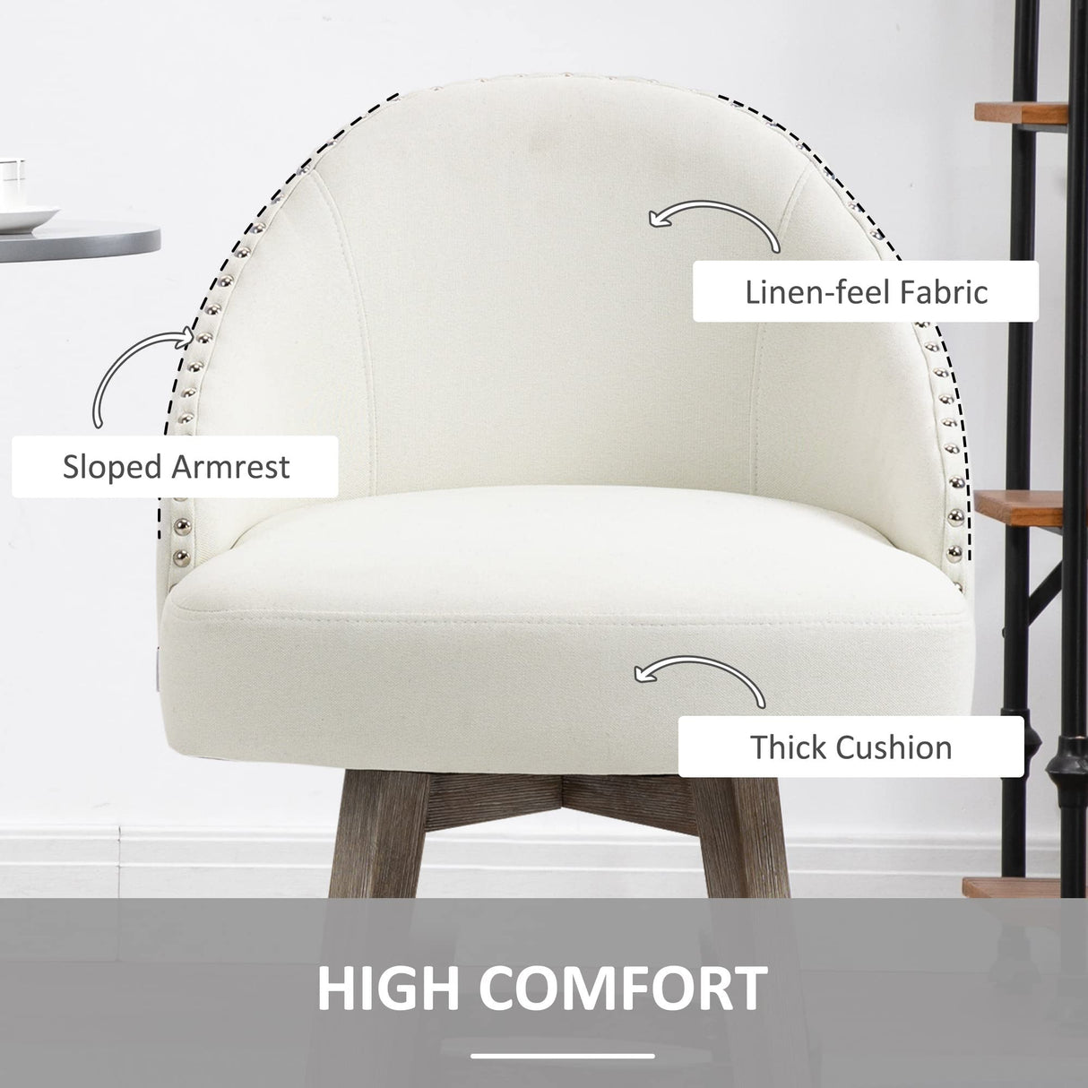 HOMCOM 26" Counter Height Bar Stools, Linen Fabric Kitchen Stools with Nailhead Trim, Rubber Wood Legs and Footrest for Dining Room, Counter, Pub, Set of 2, Cream White HOMCOM