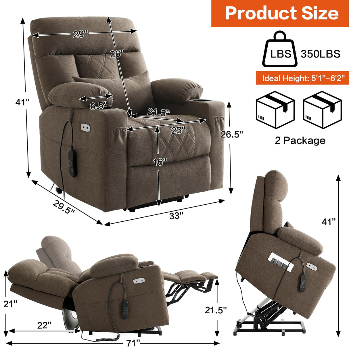 Infinite Position Power Lift Recliner Chair for Elderly with Adjustable Headrest, Lay Flat Recliner Chair for Adults W/Massage & Heat, Cup Holders, Tri-Motor Power Lift Chairs, Fabric,Brown BEDHOURS