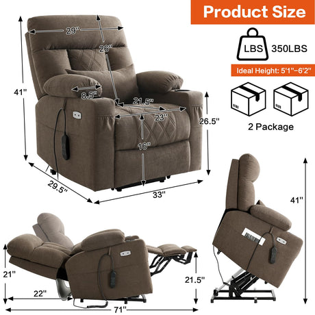 Infinite Position Power Lift Recliner Chair for Elderly with Adjustable Headrest, Lay Flat Recliner Chair for Adults W/Massage & Heat, Cup Holders, Tri-Motor Power Lift Chairs, Fabric,Brown BEDHOURS
