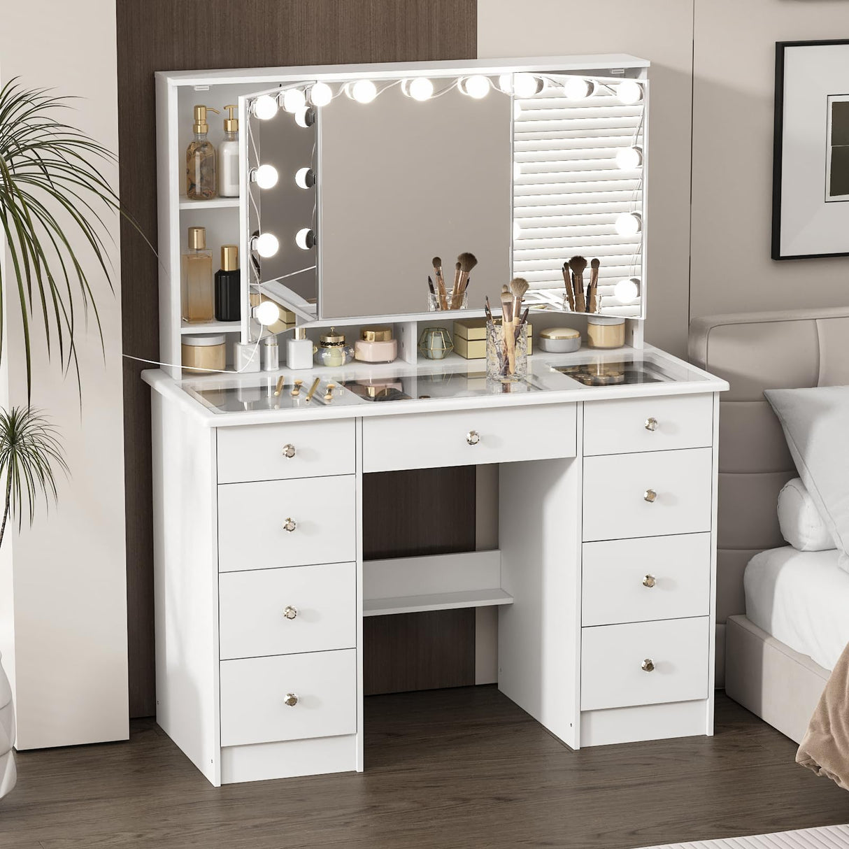 FUFU&GAGA Vanity Desk with Mirror and Bulb Lights, Large Makeup Vanity with Glass Top, Modern Dressing Table with 9 Drawers & Hidden Shelves for Bedroom, White, 43.3”W x 19.7”D x 53.6”H FUFU&GAGA