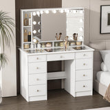 FUFU&GAGA Vanity Desk with Mirror and Bulb Lights, Large Makeup Vanity with Glass Top, Modern Dressing Table with 9 Drawers & Hidden Shelves for Bedroom, White, 43.3”W x 19.7”D x 53.6”H FUFU&GAGA