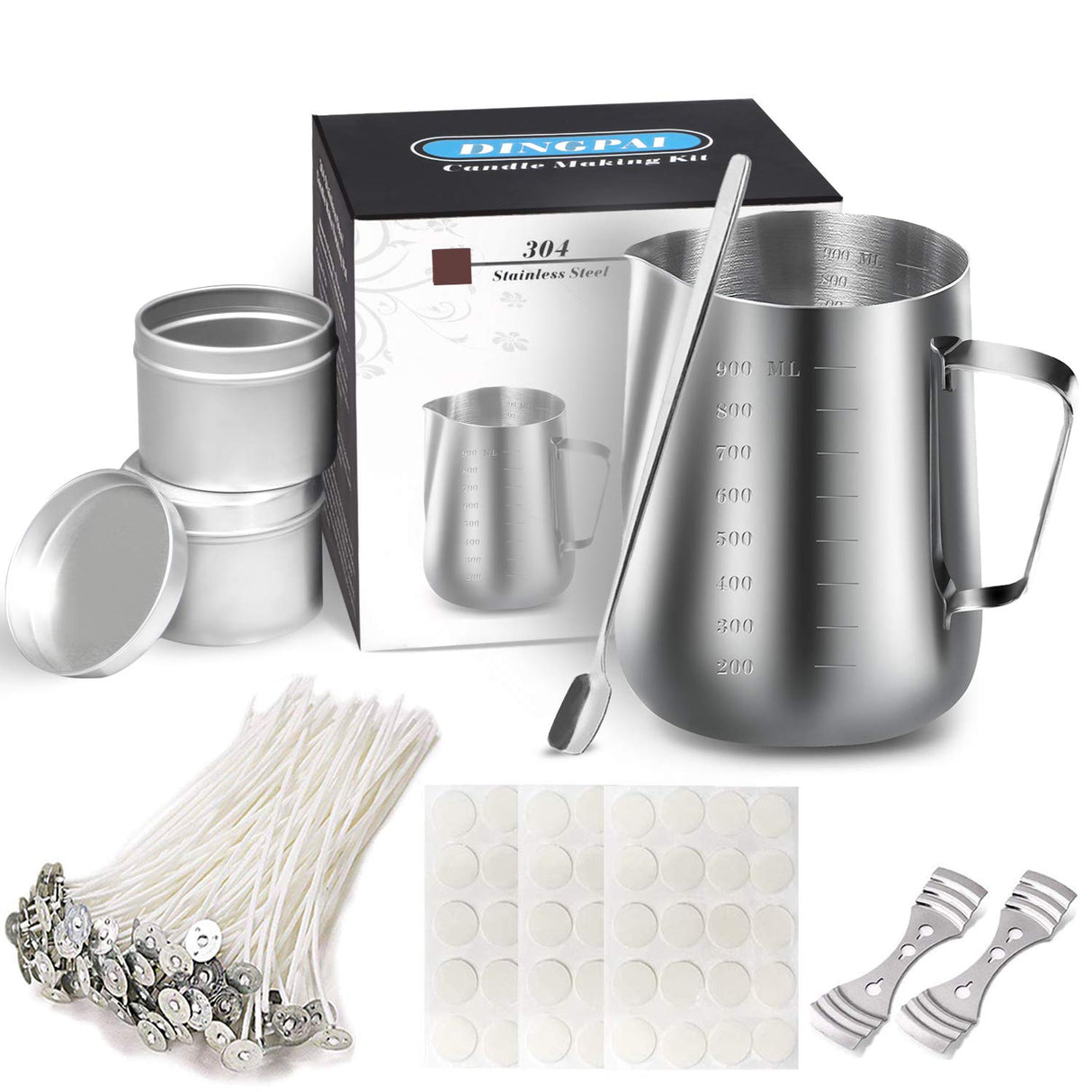 DINGPAI Candle Making Supplies, DIY Candles Craft Tools Including Candle Make Pouring Pot, Candle Wicks, Candle Wicks Sticker, 3-Hole Candle Wicks Holder, Candle Tins and Spoon DINGPAI