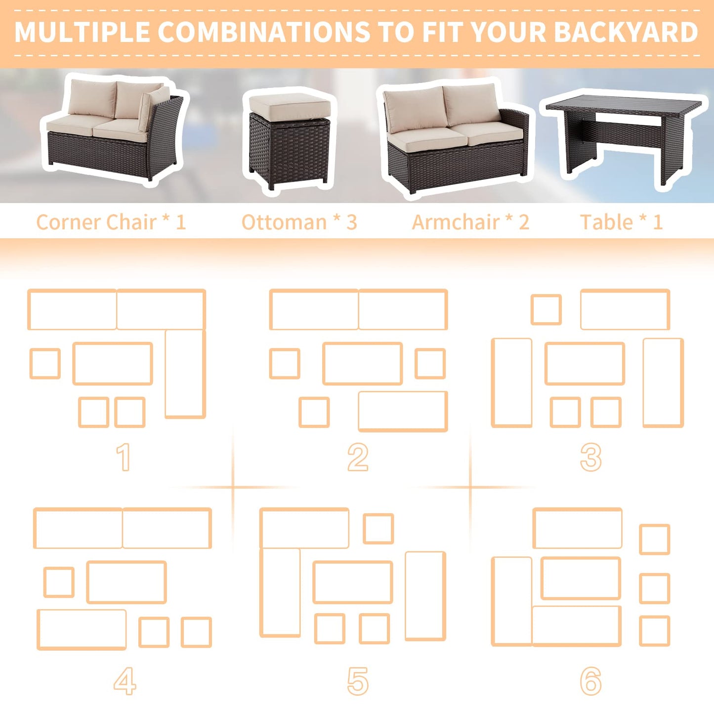 AECOJOY Patio Furniture Set, 7 Pieces Outdoor Patio Furniture with Dining Table&Chair, All Weather Wicker Conversation Set with Ottoman,Khaki - WoodArtSupply