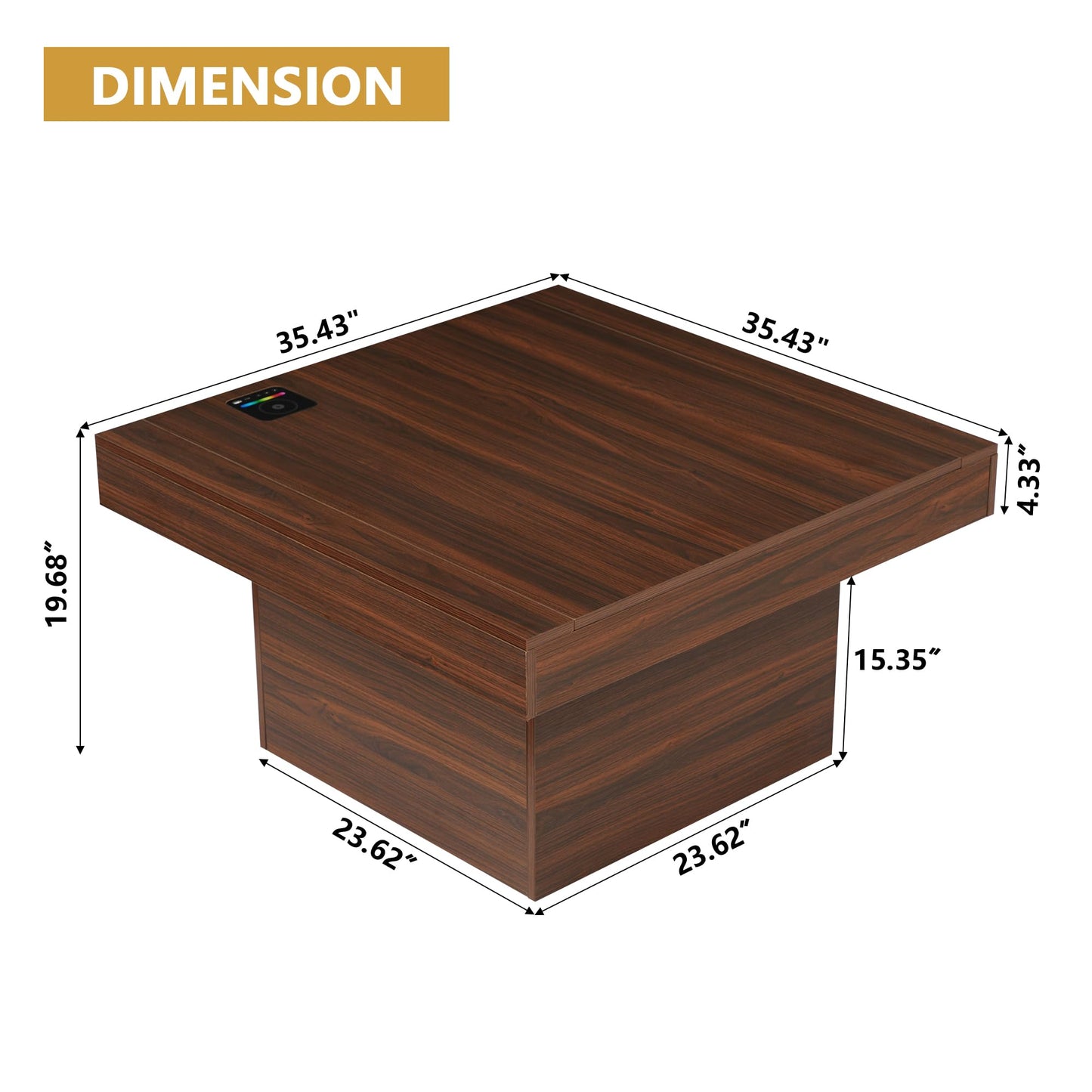 NVETHM Coffee Table, Square Coffee Table with LED Light Strip and Charging Station, Wooden Coffee Table for Living Room, Reception Room and Office (Walnut) - WoodArtSupply