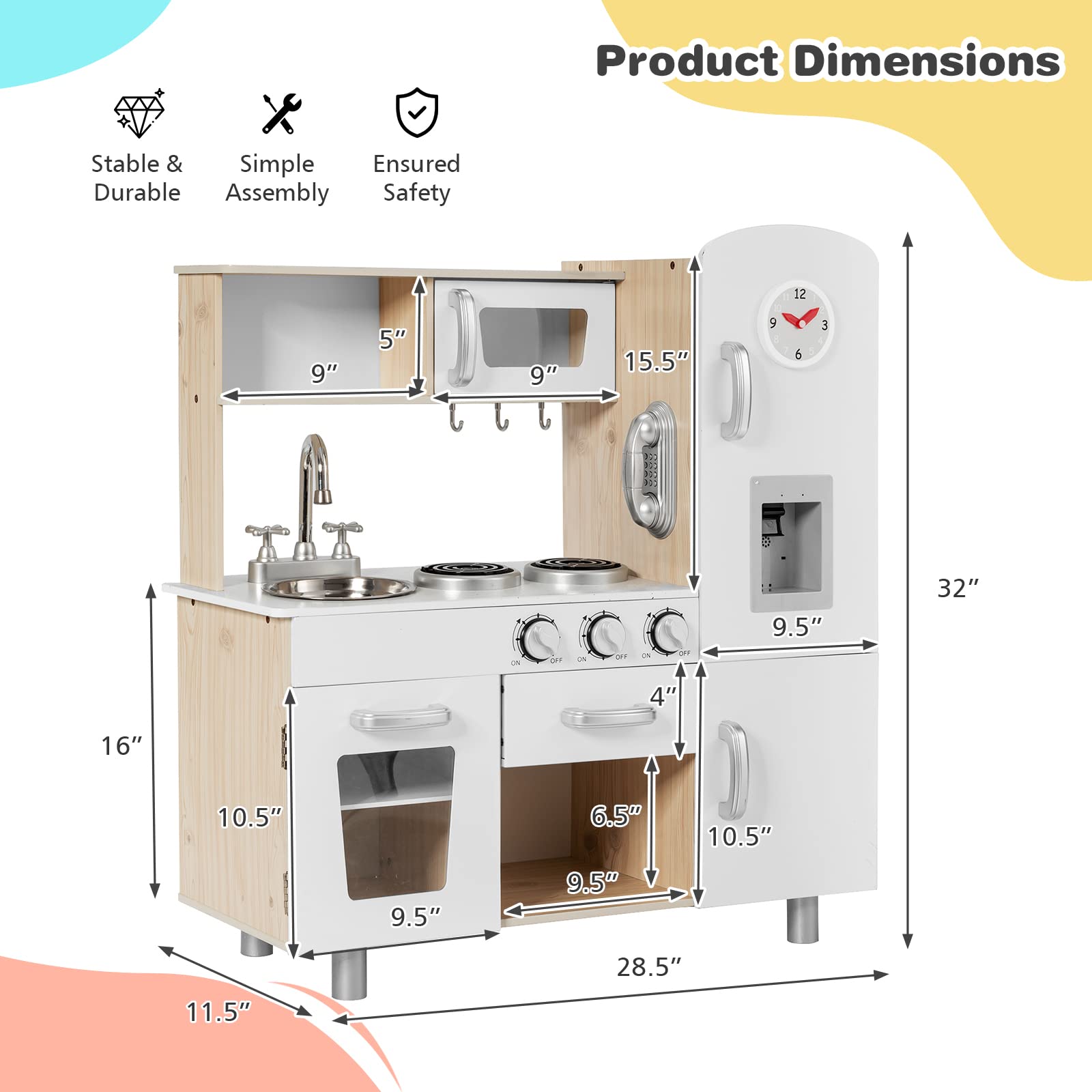 HONEY JOY Kids Kitchen Playset, Wooden Pretend Play Kitchen for Toddlers, Cookware Utensil, Phone, Clock, Water Dispenser, Storage Cabinet, Little Chef Toy Kitchen Set, Gift for Boys Girls 3+ - WoodArtSupply