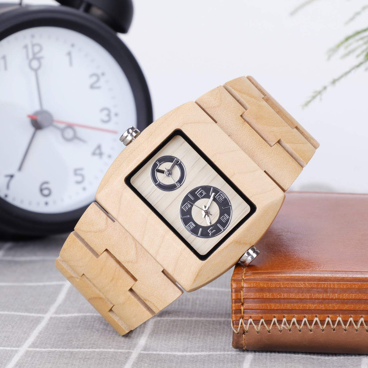 BEWELL Wooden Watch, Square Dial Dual Time Display Quartz Wood Watches for Men BEWELL