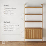 Nathan James Jasper 3-Shelf Solid Wood Boho Bookshelf, Wall Mounted Bookshelf with Cabinet with Fluted Doors, Natural Brown Nathan James