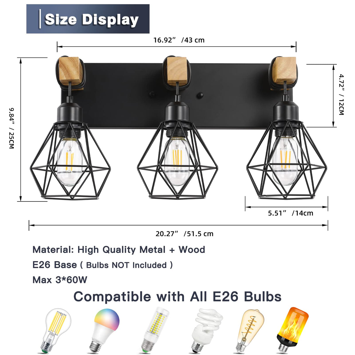 Farmhouse Bathroom Vanity Light Fixtures, 3-Light Wood Bathroom Light Fixtures Over Mirror, Rustic Sconces Wall Lighting with Elegant Metal Lampshade for Living Room, Bedroom, Hallway maesta