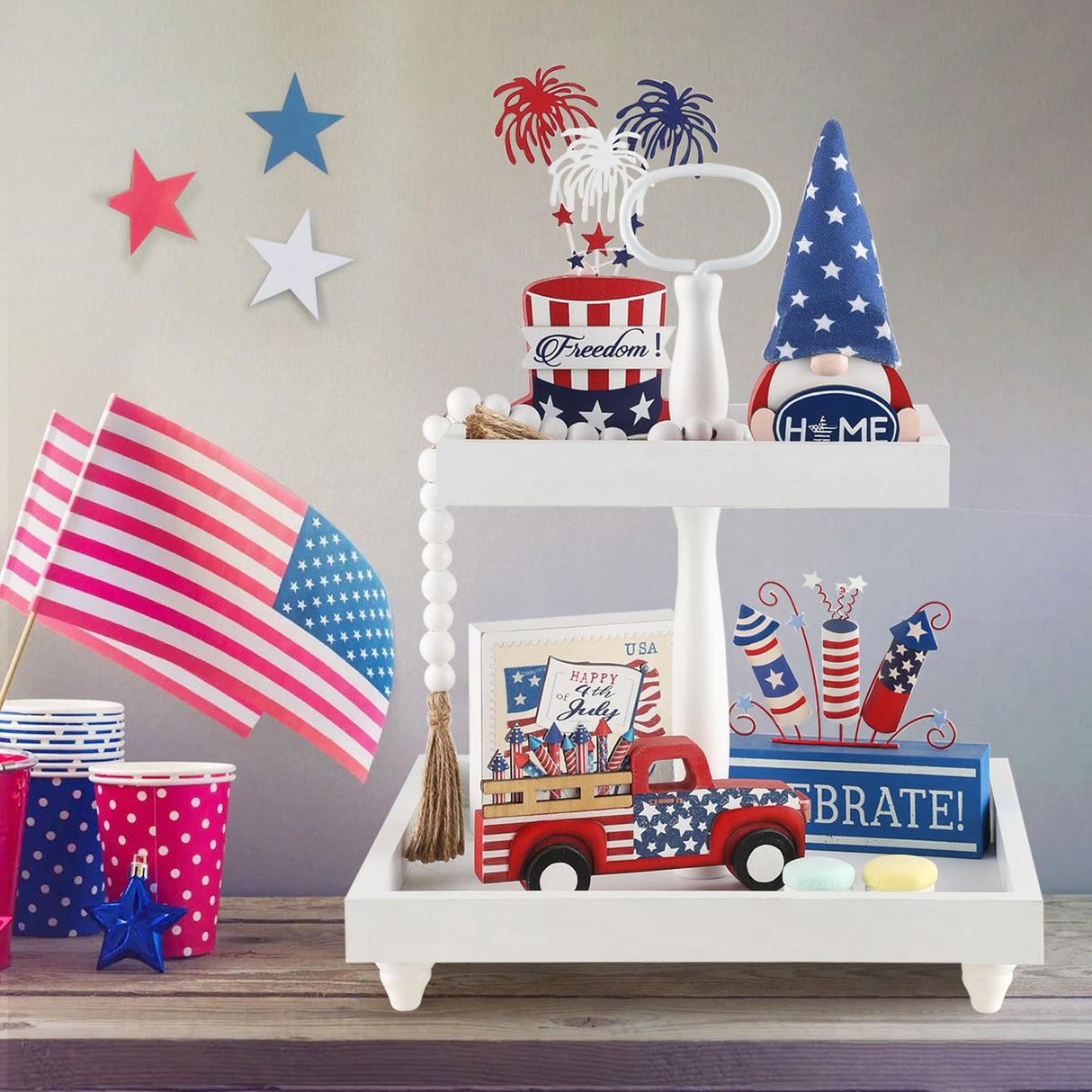 Rustic Wooden 2 Tiered Tray with Bead Garland, SYNCVIBE Square Farmhouse Style Decorative Trays Stand, Wood Serving Tray for Coffee Food Fruits Cupcakes, Home Decor Holiday Housewarming Gifts SYNCVIBE