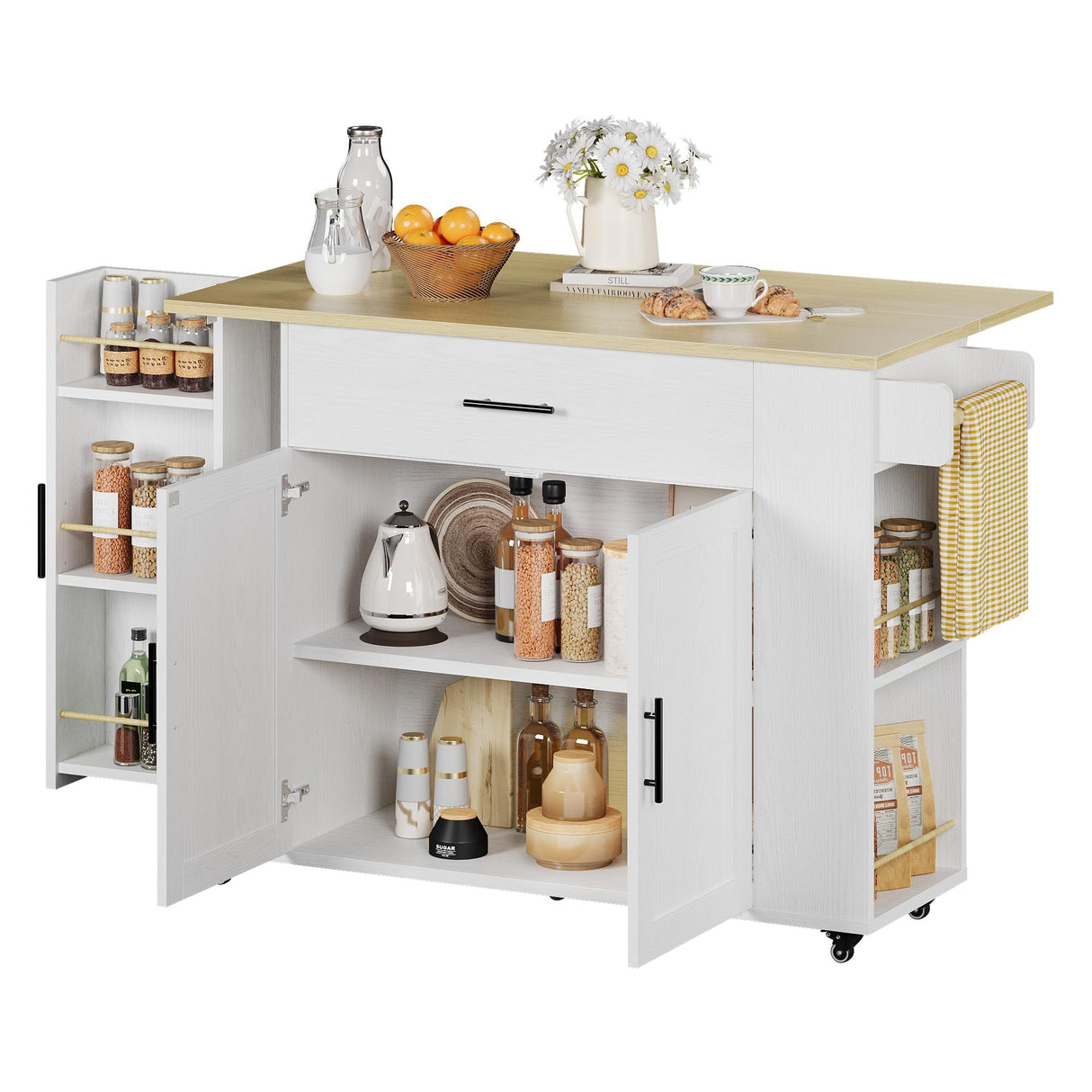 IRONCK Kitchen Island with Storage, 47.2in Rolling Island on Wheels, Kitchen Cart with Drop Leaf, Drawer and Towel Rack for Home, Dining Room IRONCK
