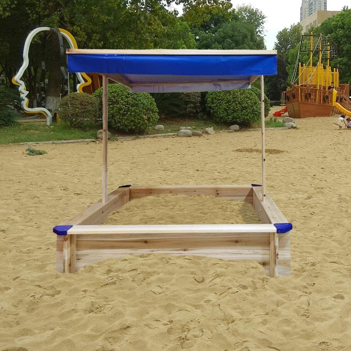 Kids Wooden Sandbox with Cover, Large Outdoor Sandbox with Canopy Height Adjustable, Sand Pit for Backyard Play, Wooden Sand Box for Kids Ages 4-8, Great for Children Boys Girls. AOCOROE