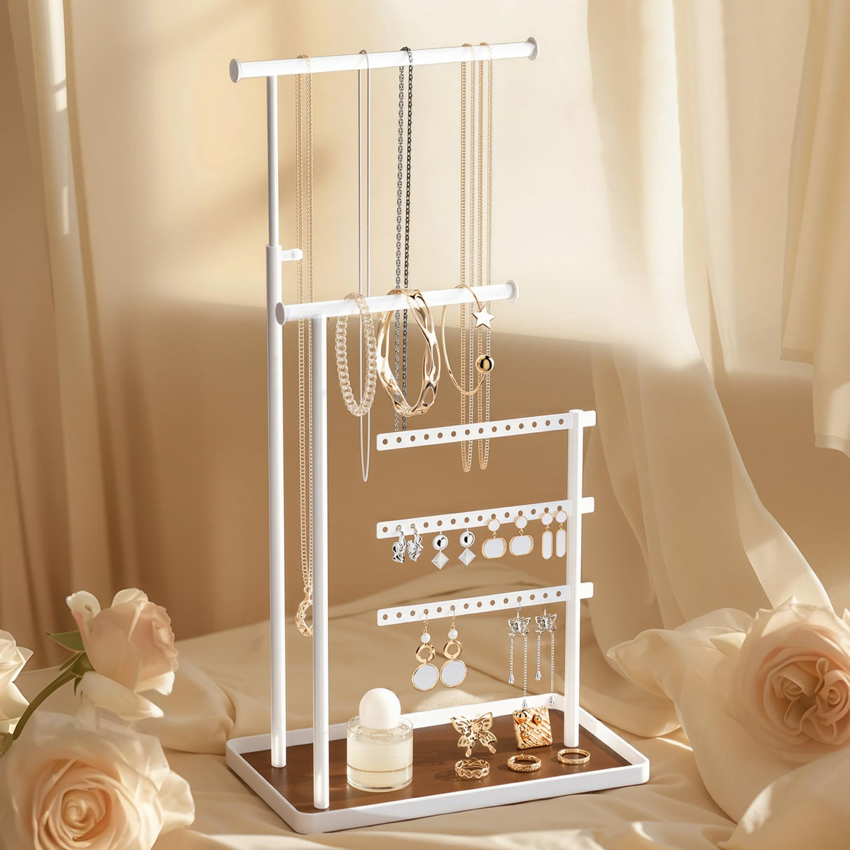 susswiff Jewelry Holder Organizer Stand - Adjustable Tall 17.5" (Max), Sturdy Jewelry Hanger for Necklaces, Earrings, Bracelets, Rings, Jewlery Display and Storage, White, Metal susswiff