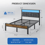 Full Size Platform Bed Frame with LED Lights, Charging Station, Grey Upholstered Headboard with 2-Tier Storage Shelves, Noise Free, No Box Spring Needed Liians