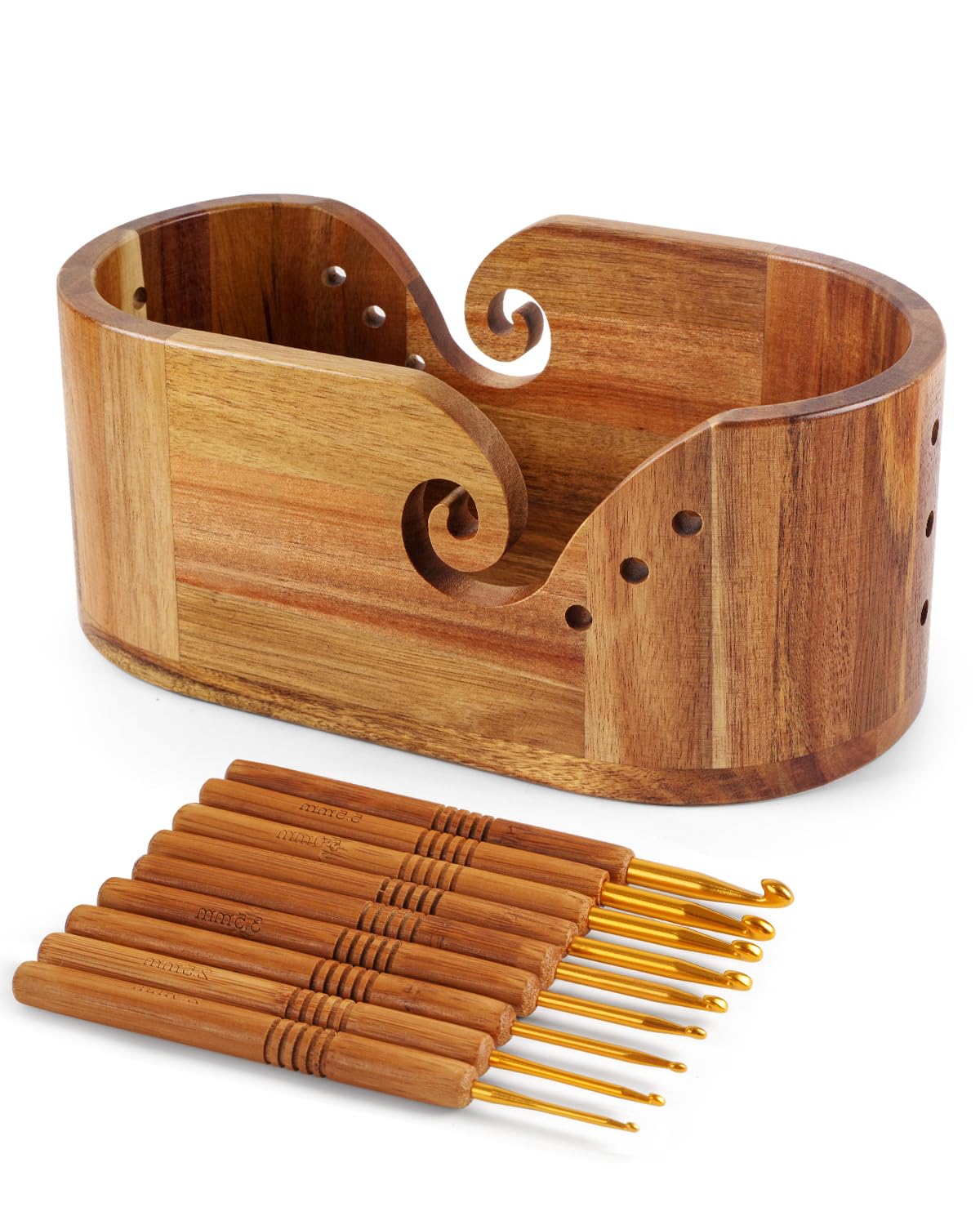 Oval Yarn Bowl, Crochet Yarn Holder with 9pcs Knitting Hooks, Yarn Storage Crochet Bowl Knitting for Crocheters, Large Yarn Bowl Acacia Wooden 11.3x5.9x4.7inch (Acacia Yarn Bowl) UNAYMIDY