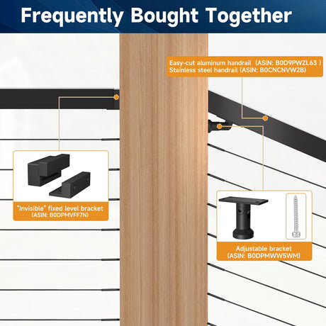 Gyykzz 5FT-8FT Porch Railing, 36" Matte Black Level Drilled Cable Railing Post Kits System for Outdoor Wood Porch with 1 Stainless Steel Railing Post, 99ft Black Cable, 20 Thread Swage Lag Screws Gyykzz