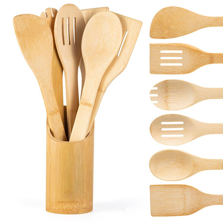 Bamboo Wooden Spoons for Cooking 7 Piece - Bamboo Cooking Utensils Set with Holder Wooden Spoons Spatula for Cooking Nonstick Wood Kitchen Utensil Set (7 Pcs) YIANSOL