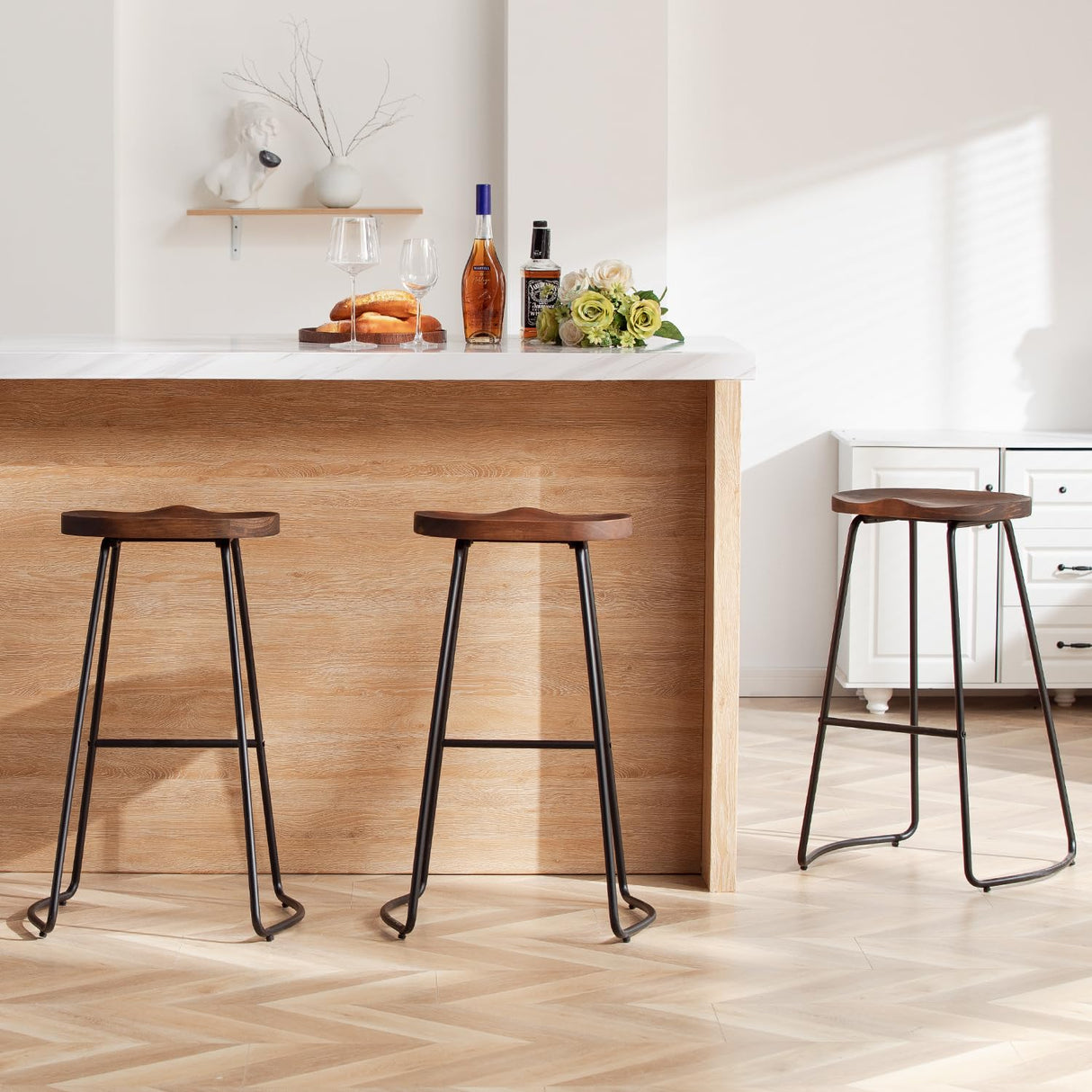 HeuGah Bar Stools Set of 3, Solid Wood Counter Height Bar Stools 30 Inch Saddle Seat Barstool Rustic Tall Bar Height Stool for Kitchen Island with Metal Leg (Walnut, 3 PCS 30Inch Barstool) HeuGah