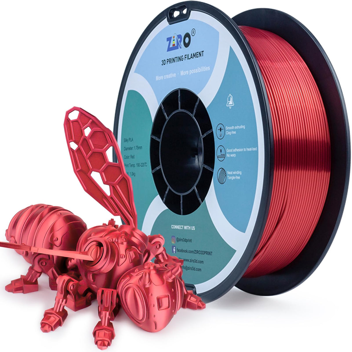 ZIRO PLA Filament 1.75mm, Shining Red 3D Printer Filament Silky, Silk 3D Printing Filament, Dimensional Accuracy +/- 0.03mm, Fit Most 3D FDM Printers Metal Metallic 1KG/2.2lb Spool ZIRO