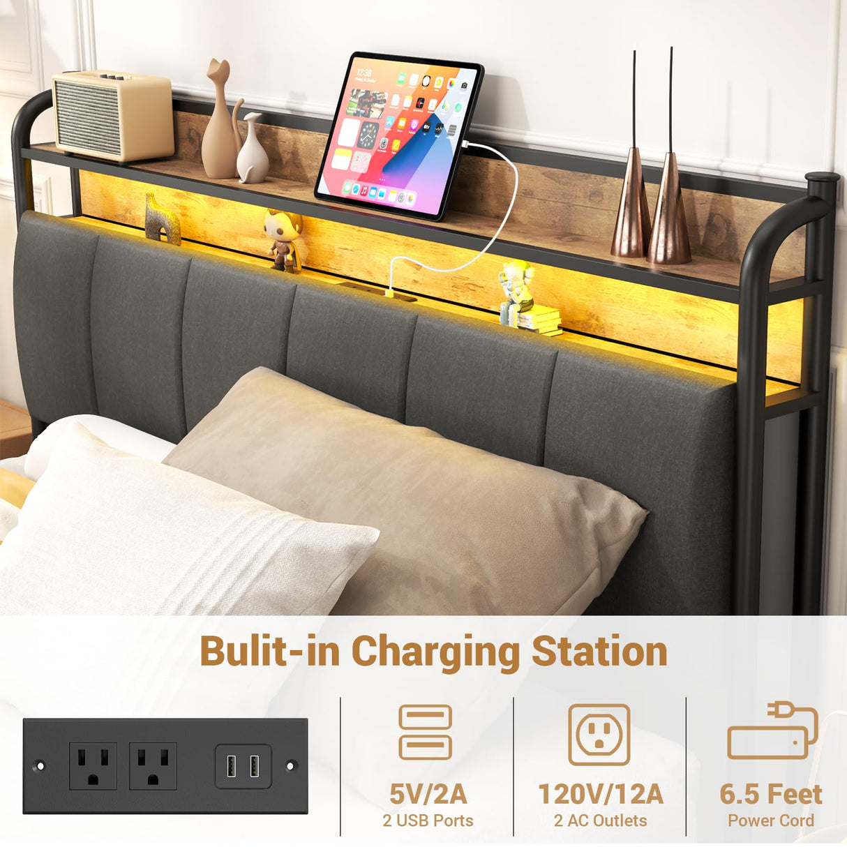 Zevemomo LED Twin Bed Frame with Charging Station, Twin Size Platform Bed with RGB LED Lights, 2 Tier Storage Headboard, Unique Heave Duty Metal Round Bar, No Box Spring Needed, Grey Zevemomo