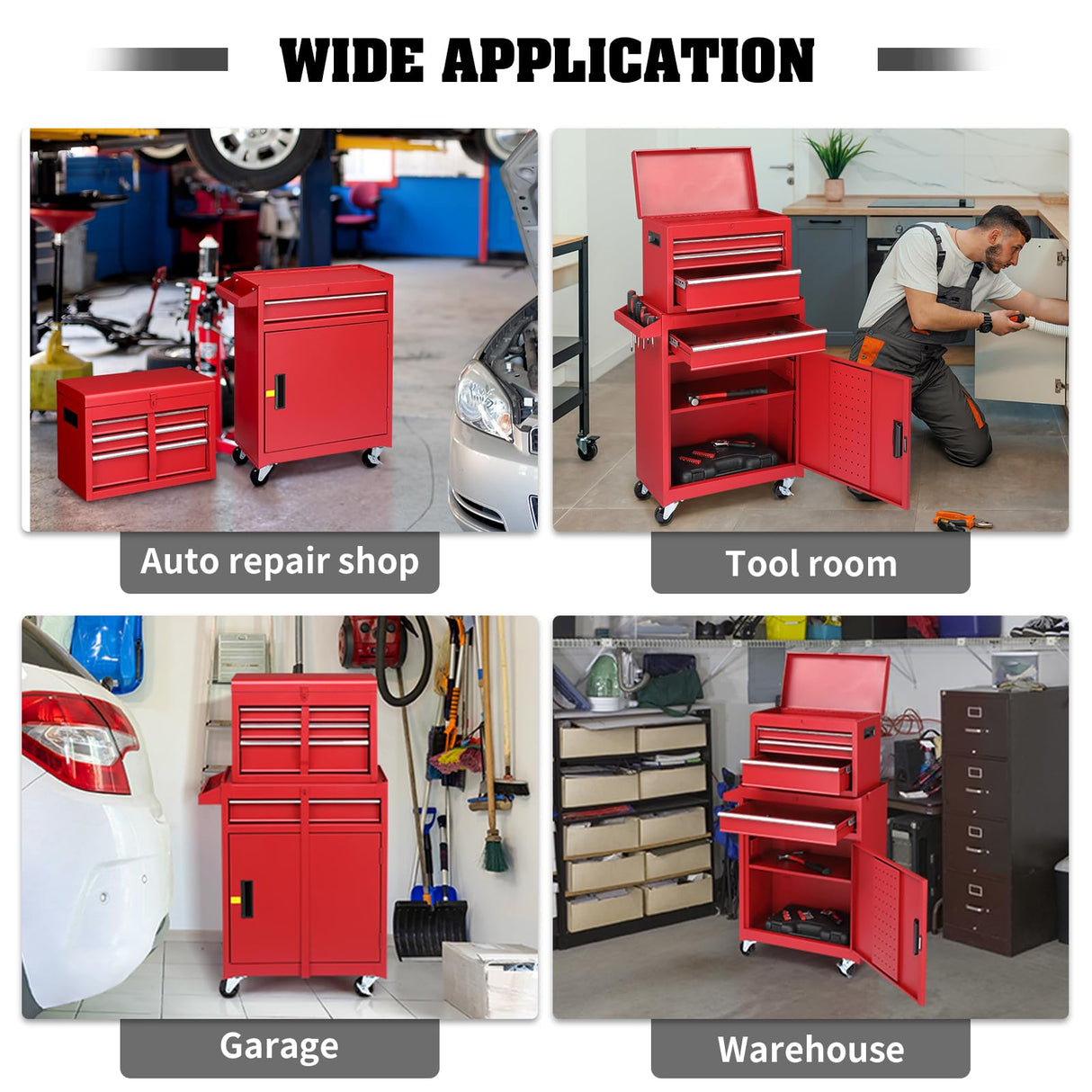 Winado 4-Drawer Rolling Tool Chest with Wheels & Lock, Tool Box with Large Storage Cabinet and Adjustable Shelf, Removable Portable Top Box for Garage, Warehouse, Factory (Red) Winado