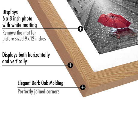 Americanflat 9x12 Picture Frame with Shatter-Resistant Glass - Use as 6x8 Frame with Mat or 9x12 Frame Without Mat - Signature Collection - Photo Frame for Tabletop and Wall Display - Dark Oak Americanflat