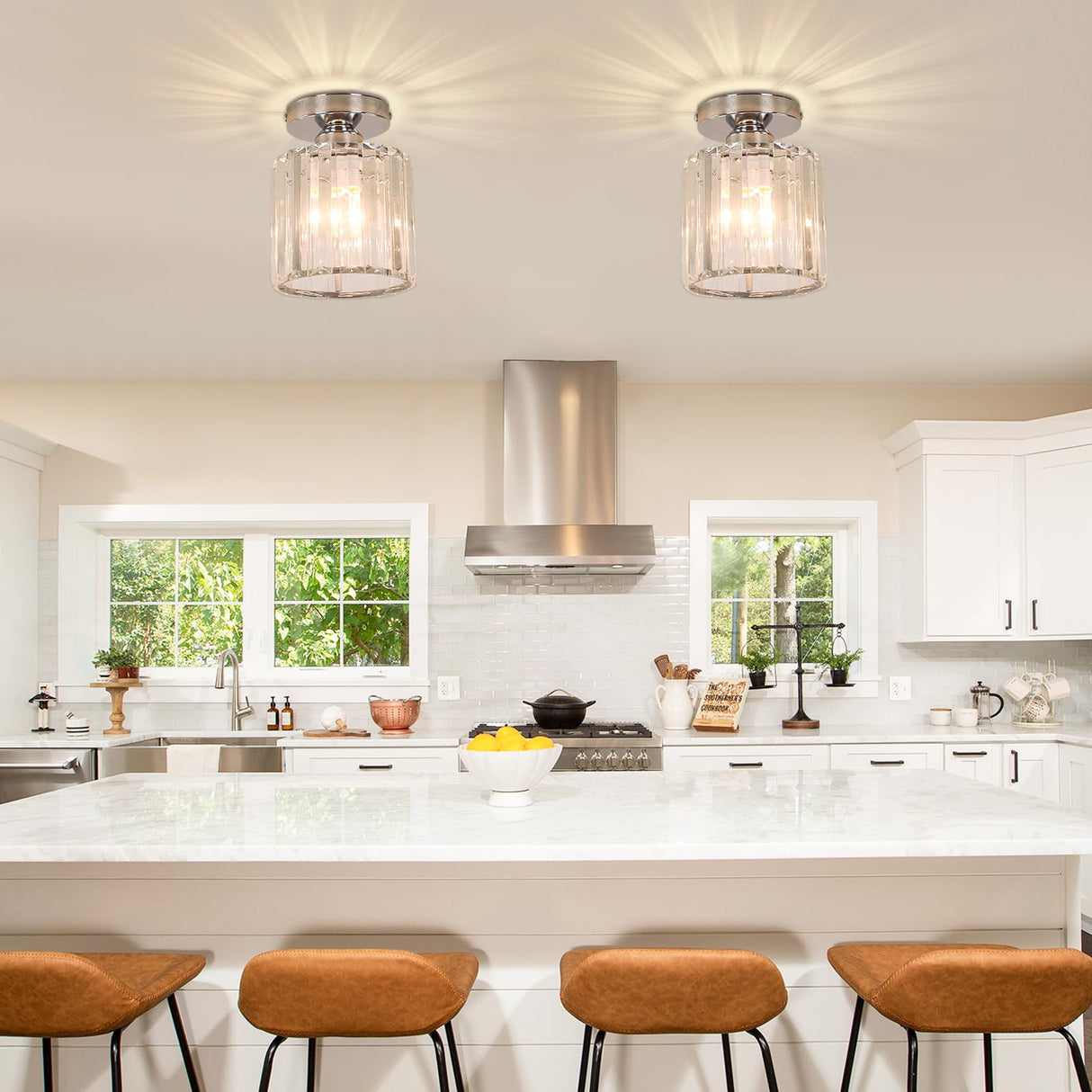 FRIXCHUR Small Chandelier Crystal Ceiling Light Semi Flush Mount Ceiling Lighting Fixture Modern Crystal Ceiling Light for Hallway Kitchen Island Dining Room Bedroom E26 Base Chrome FRIXCHUR