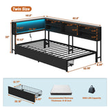 AILUNWALL Corner Bed Frame with Storage Drawers, Twin Size Metal Platform Bed Frames with LED Lights & Charging Station, Daybed with Bookcase for Living Room, Bedroom, Guest Room, Black AILUNWALL