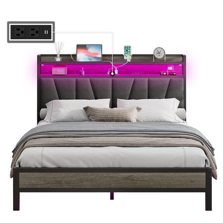 AMERLIFE Queen Size Bed Frame with RGB Lights & Charging Station, LED Bed Frame with Storage Headboard Linen Upholstered, Heavy Duty Metal Slats, No Box Spring Needed, Rustic Grey AMERLIFE