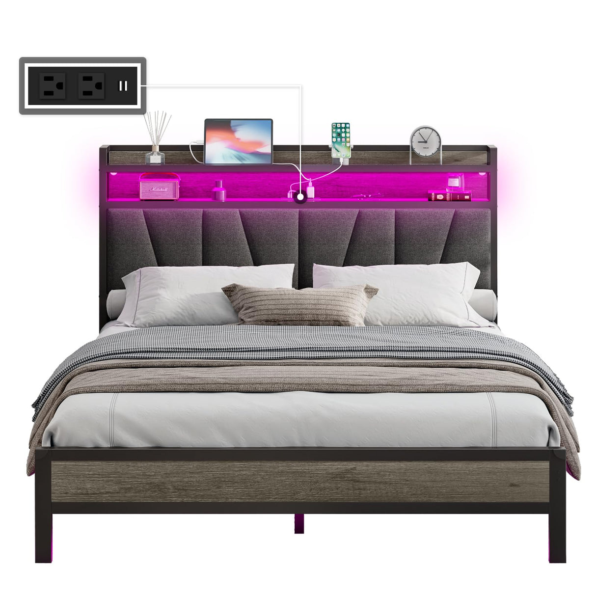 AMERLIFE King Size Bed Frame with RGB Lights & Charging Station, LED Bed Frame with Storage Headboard Linen Upholstered, Heavy Duty Metal Slats, No Box Spring Needed, Rustic Grey AMERLIFE