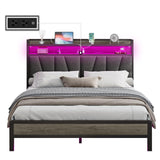 AMERLIFE King Size Bed Frame with RGB Lights & Charging Station, LED Bed Frame with Storage Headboard Linen Upholstered, Heavy Duty Metal Slats, No Box Spring Needed, Rustic Grey AMERLIFE