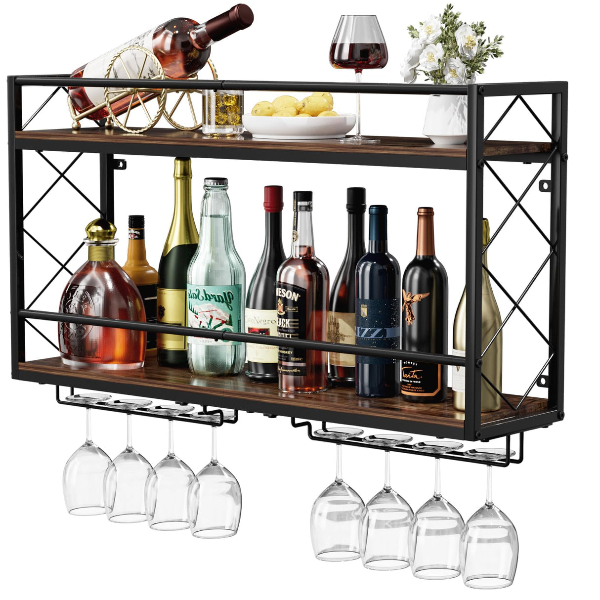 NEYCIL Wall Mounted 2 Tier Wine Rack with Glass Holder, Double Layer Anti-Drop Crossbar, 31.5" Metal Wood Wall Mount Wine Rack for Home Kitchen Dining Room Coffee Shop Bar, Black NEYCIL