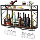 NEYCIL Wall Mounted 2 Tier Wine Rack with Glass Holder, Double Layer Anti-Drop Crossbar, 31.5" Metal Wood Wall Mount Wine Rack for Home Kitchen Dining Room Coffee Shop Bar, Black NEYCIL