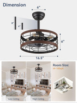 LEDIARY 16.5in Caged Ceiling Fan with Light, Bladeless Industrial Ceiling Fan with Remote, Rustic Metal Fan Lights Ceiling Fixtures for Kitchen, Farmhouse, Bedroom（6 Speed,1/2/4/8h Timing）-Walnut LEDIARY